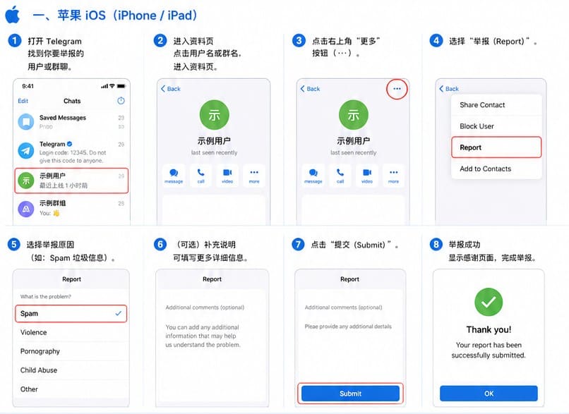 Telegram iOS举报步骤